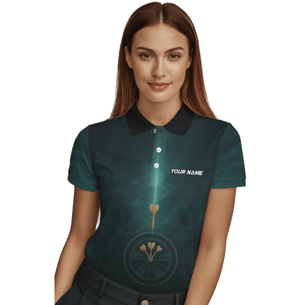 Damen Dart Polo Shirt - Personalisiert mit Wunschname Dunkelgrün Dartscheiben Design C2180 - Outfitsuche