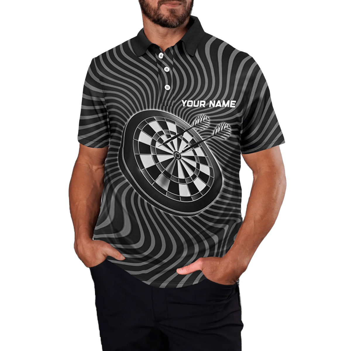 Herren Dart Polo Shirt, Schwarz - Grau, Winkendes Motiv, Dart - Trikot W262 - Outfitsuche