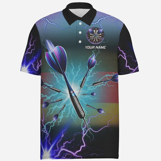 Lila Gewitter Dart-Polo-Shirt "Elektrischer Wurf", personalisierbares Herren Dartshirt mit 3D-Blitzdesign und Deutschland Flagge, Darttrikot GM236 - Outfitsuche