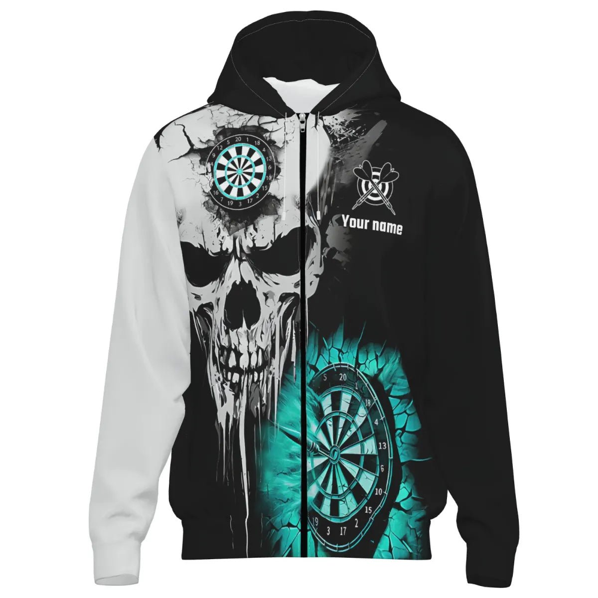 Personalisierte Herren Darts Kapuzenjacke Grunge Skull Riss - Wand - Individuelle Gruselige Dart - Teambekleidung | Türkis T2784 - Outfitsuche
