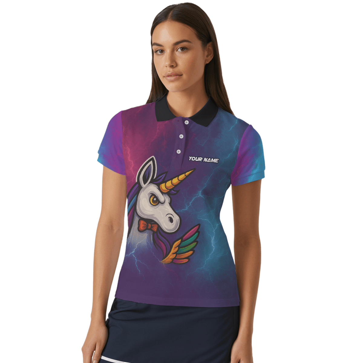Personalisiertes Damen Dart Poloshirt Einhorn Regenbogen Blitz Lila Blau B1140 - Outfitsuche
