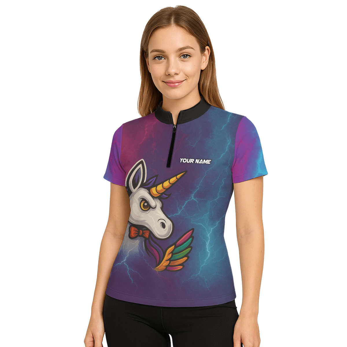 Personalisiertes Damen Dart Poloshirt Einhorn Regenbogen Blitz Lila Blau B1140 - Outfitsuche