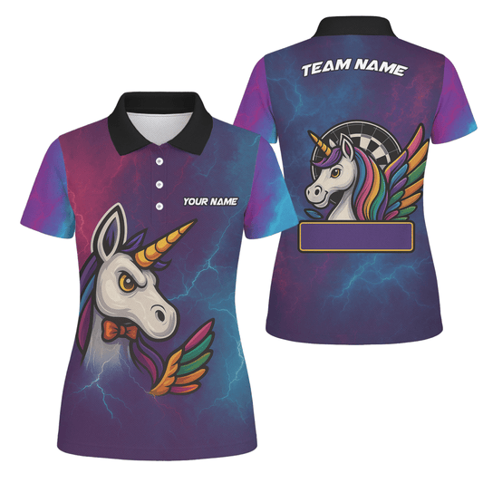 Personalisiertes Damen Dart Poloshirt Einhorn Regenbogen Blitz Lila Blau B1140 - Outfitsuche