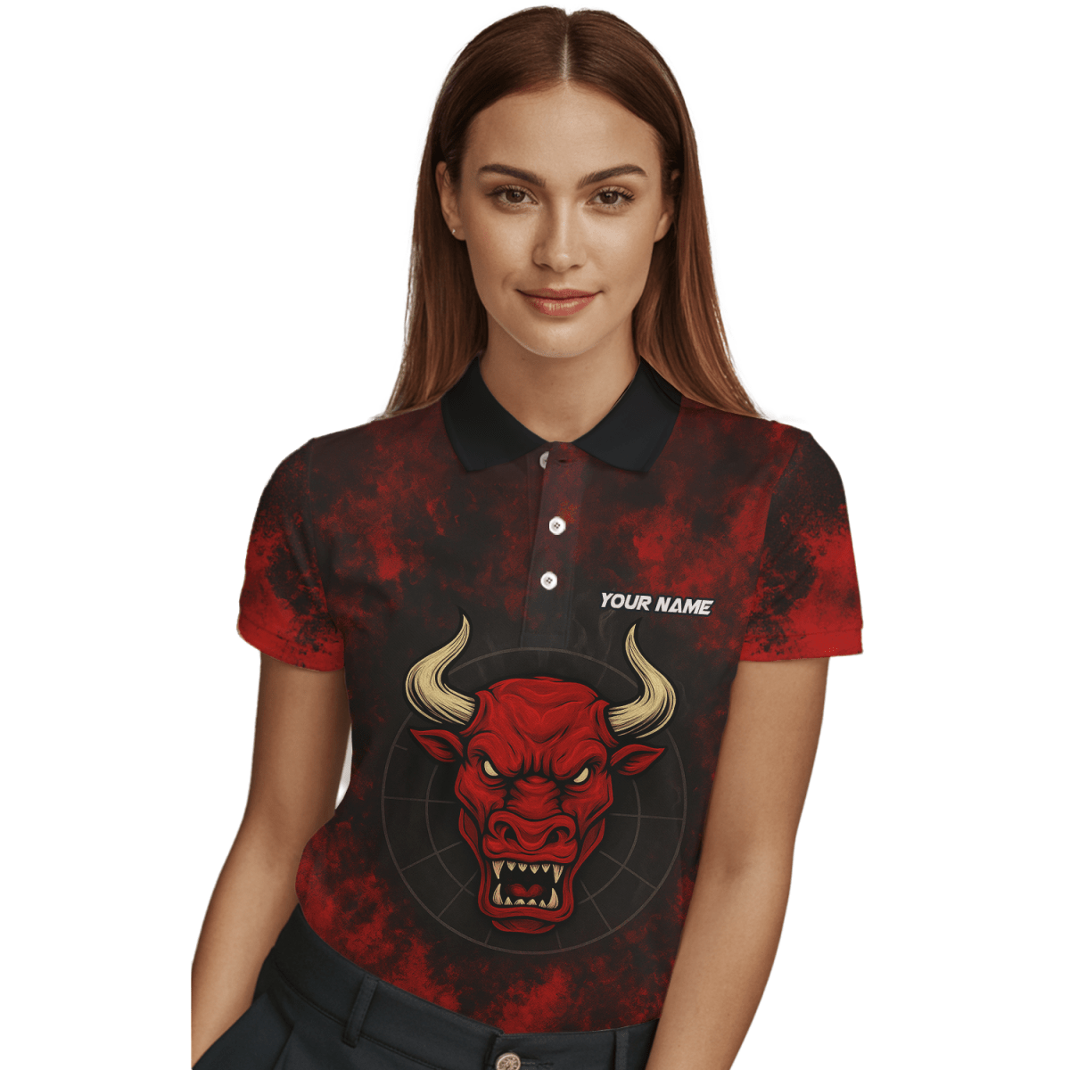 Personalisiertes Damen Dart Poloshirt Rot Schwarz im Red Bull Grunge Design mit Wunschname & Teamname W8023 - Outfitsuche