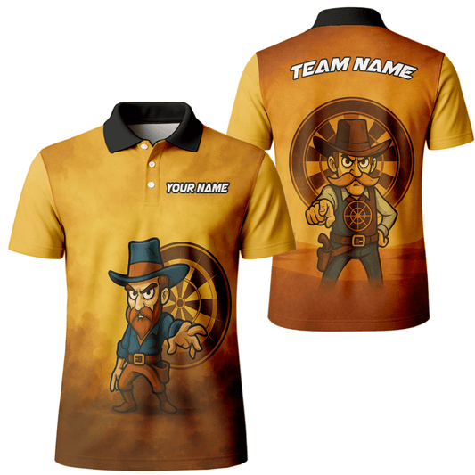 Personalisiertes Dart Polo - Shirt Herren Western Cowboy - Wunschname & Team - Braun Gelb Z4073 - Outfitsuche