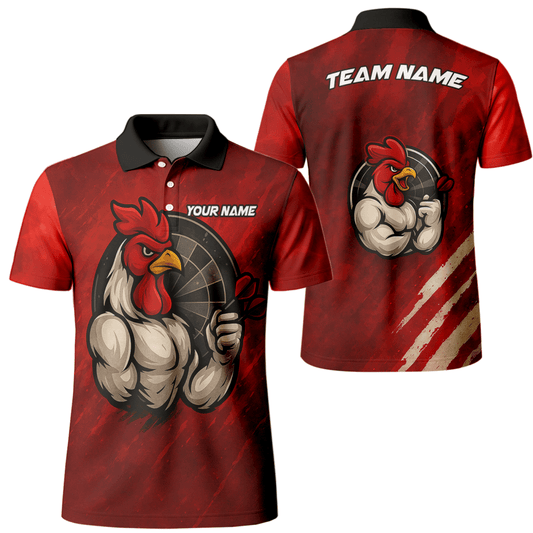 Personalisiertes Dart Poloshirt für Herren mit Lustigem Hahn & Teamname Rot Schwarz K2283 - Outfitsuche