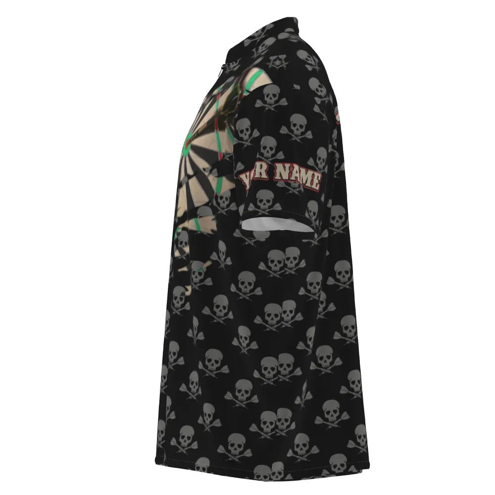 Personalisiertes Herren Darts-Shirt mit Totenkopf-Motiv und gekreuzten Dartpfeilen, gruseliges Dart-Trikot mit 1/4 Zip - H779 zip - Outfitsuche