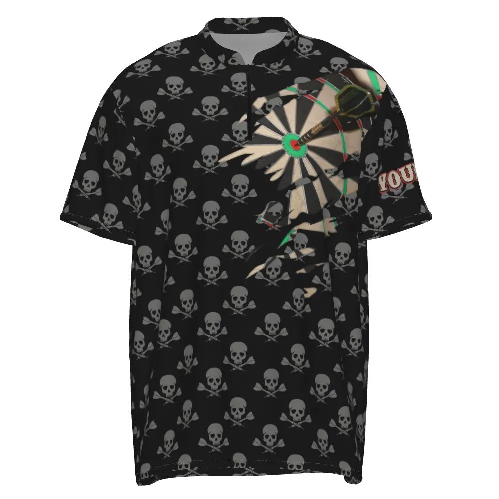 Personalisiertes Herren Darts-Shirt mit Totenkopf-Motiv und gekreuzten Dartpfeilen, gruseliges Dart-Trikot mit 1/4 Zip - H779 zip - Outfitsuche