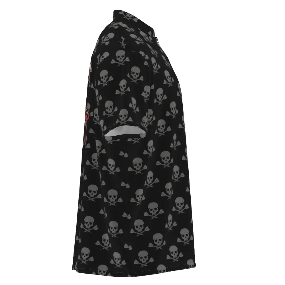 Personalisiertes Herren Darts-Shirt mit Totenkopf-Motiv und gekreuzten Dartpfeilen, gruseliges Dart-Trikot mit 1/4 Zip - H779 zip - Outfitsuche