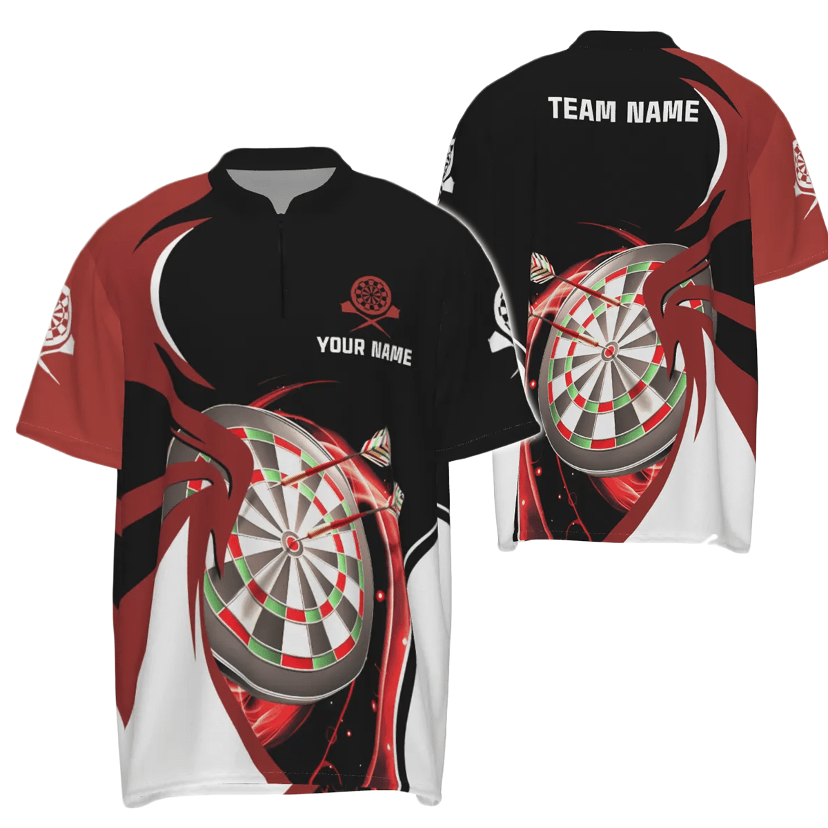 Personalisiertes rotes schwarzes Herren Darts 1/4 Zip Shirt mit individuellem Namen, cooles Darts Trikot für Männer L498 main image 1
