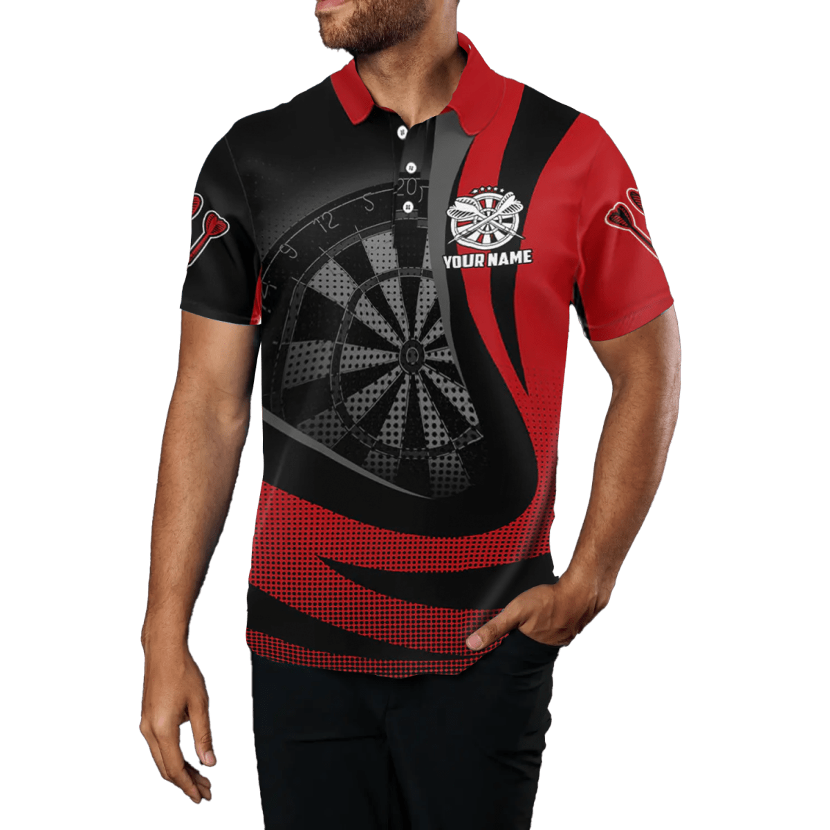 Schwarzes rotes 3D Herren Darts Polo Shirt M297 - Outfitsuche