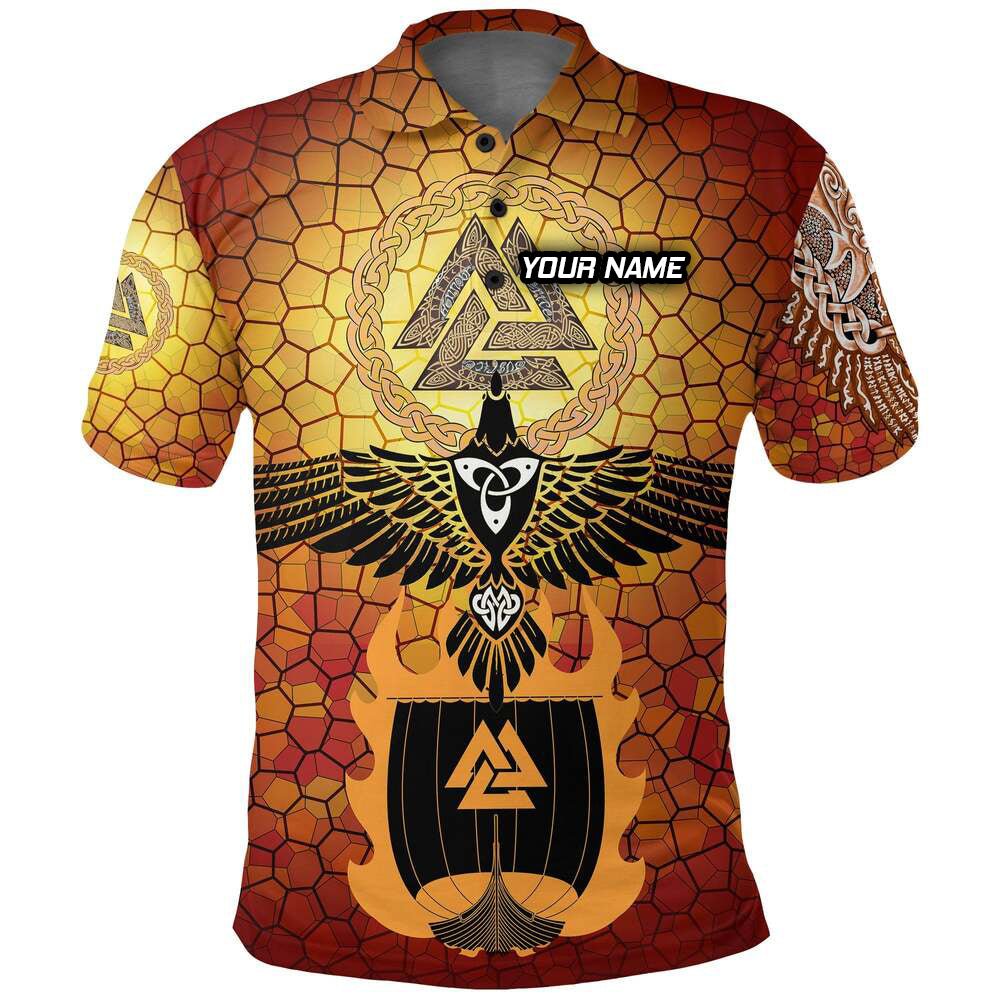 Individuell Dartshirt Wikinger Polo - Rabe von Odin und Drakkar in Flammen auf Vignette Gold Valknut VK8589 - Outfitsuche