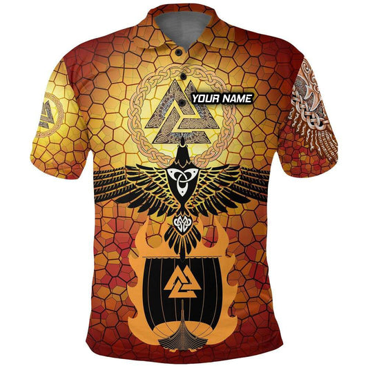 Individuell Dartshirt Wikinger Polo - Rabe von Odin und Drakkar in Flammen auf Vignette Gold Valknut VK8589 - Outfitsuche