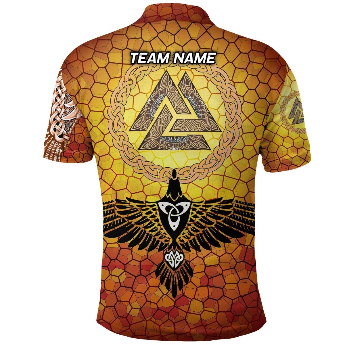 Individuell Dartshirt Wikinger Polo - Rabe von Odin und Drakkar in Flammen auf Vignette Gold Valknut VK8589 - Outfitsuche
