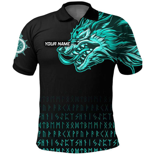 Individuell Dartshirt Wikinger Polo Shirt mit Fenrir Wolf Motiv in Cyan nahe der Schulter VK9250 - Outfitsuche