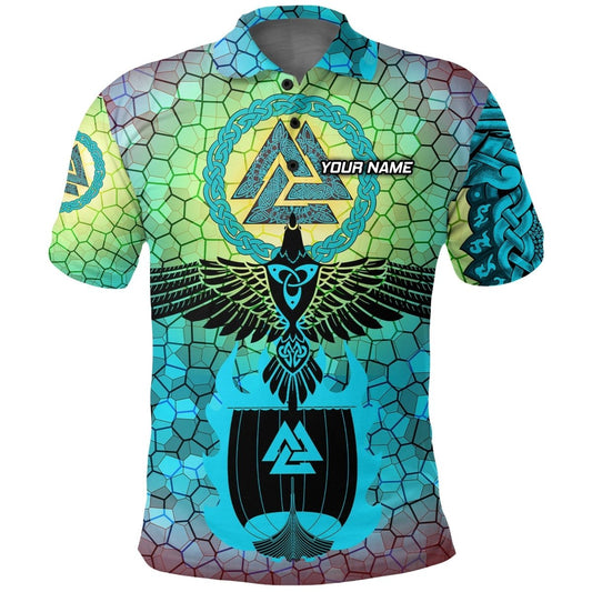 Individuell Dartshirt Wikinger Polo-Shirt - Rabe von Odin und Drakkar in Flammen auf Vignette Cyan Valknut VK6969 - Outfitsuche