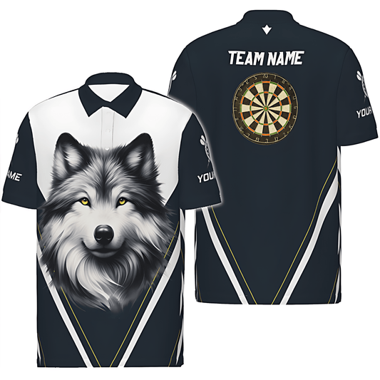 Marineblaues Dart-Polo-Shirt mit Wolfsmotiv, individuell anpassbares Team-Trikot mit Dartboard, Herren Dartshirt vk822 - Outfitsuche