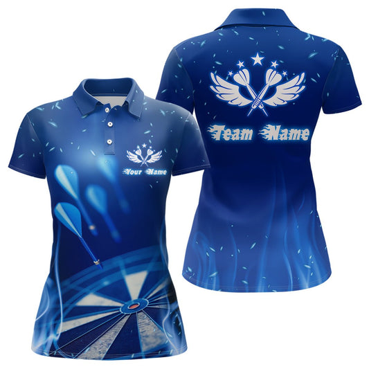 Personalisiertes Darts Polo Shirt mit blauer Feuerflamme und Stern, individuell anpassbares cooles Dart-Trikot für Frauen E627 - Outfitsuche