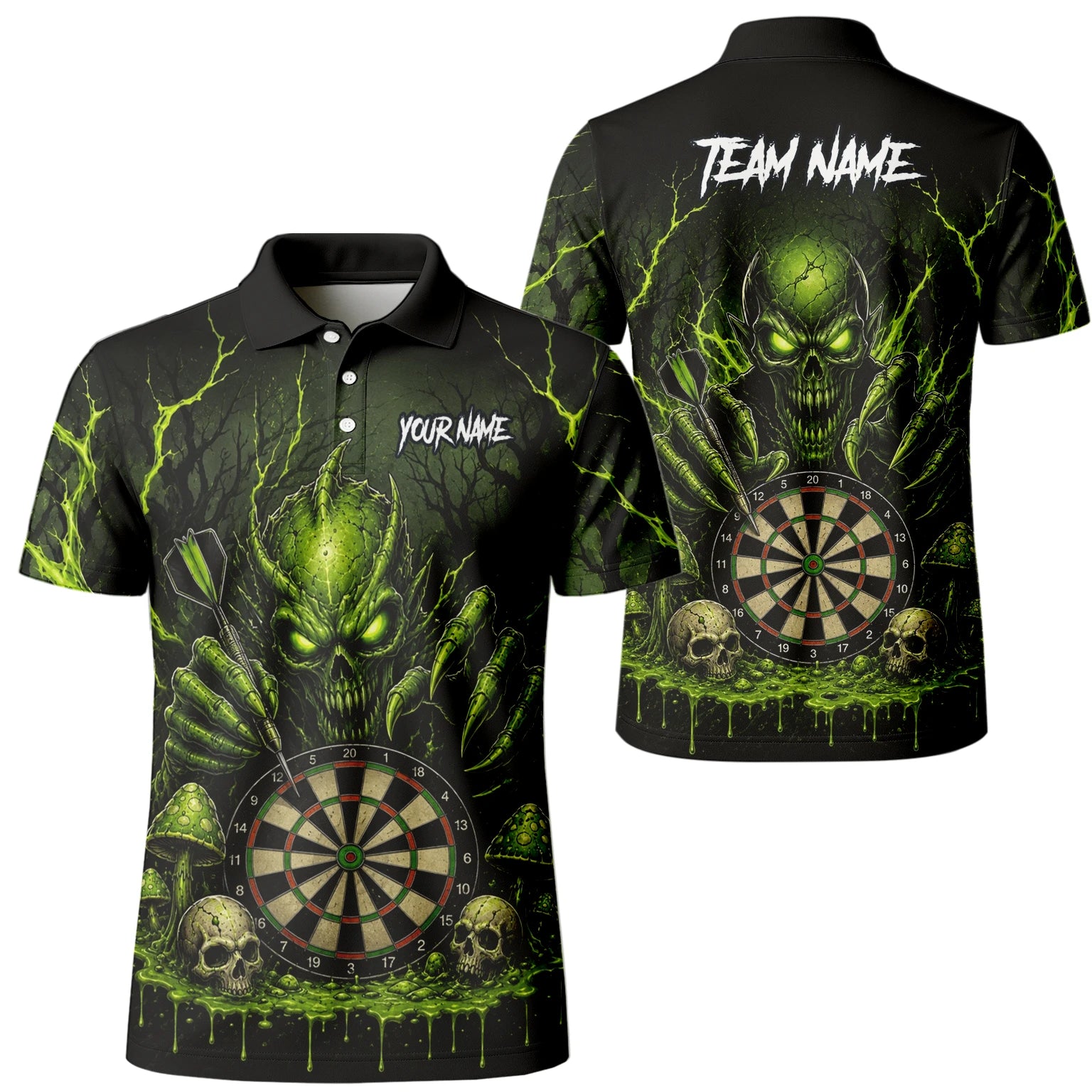 Personalisiertes Schwarz-grünes Monster-Totenkopf-Dartboard Dartshirt für Herren A277