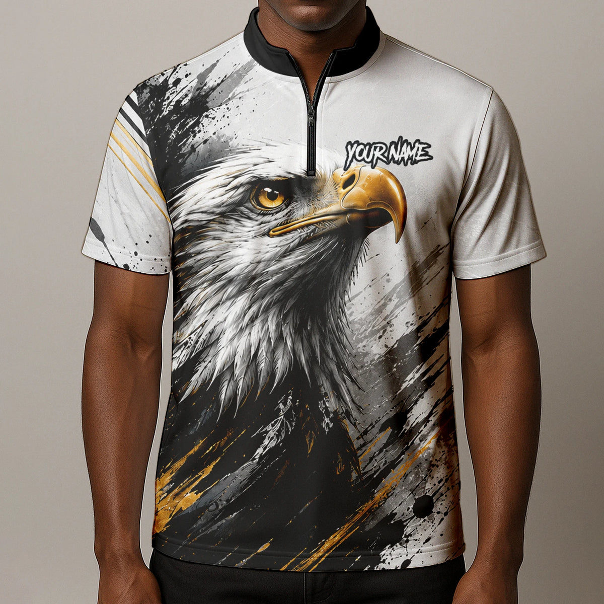 Personalisiertes Dartshirt mit weiß-schwarz-goldenem Weißkopfseeadler für Herren S805