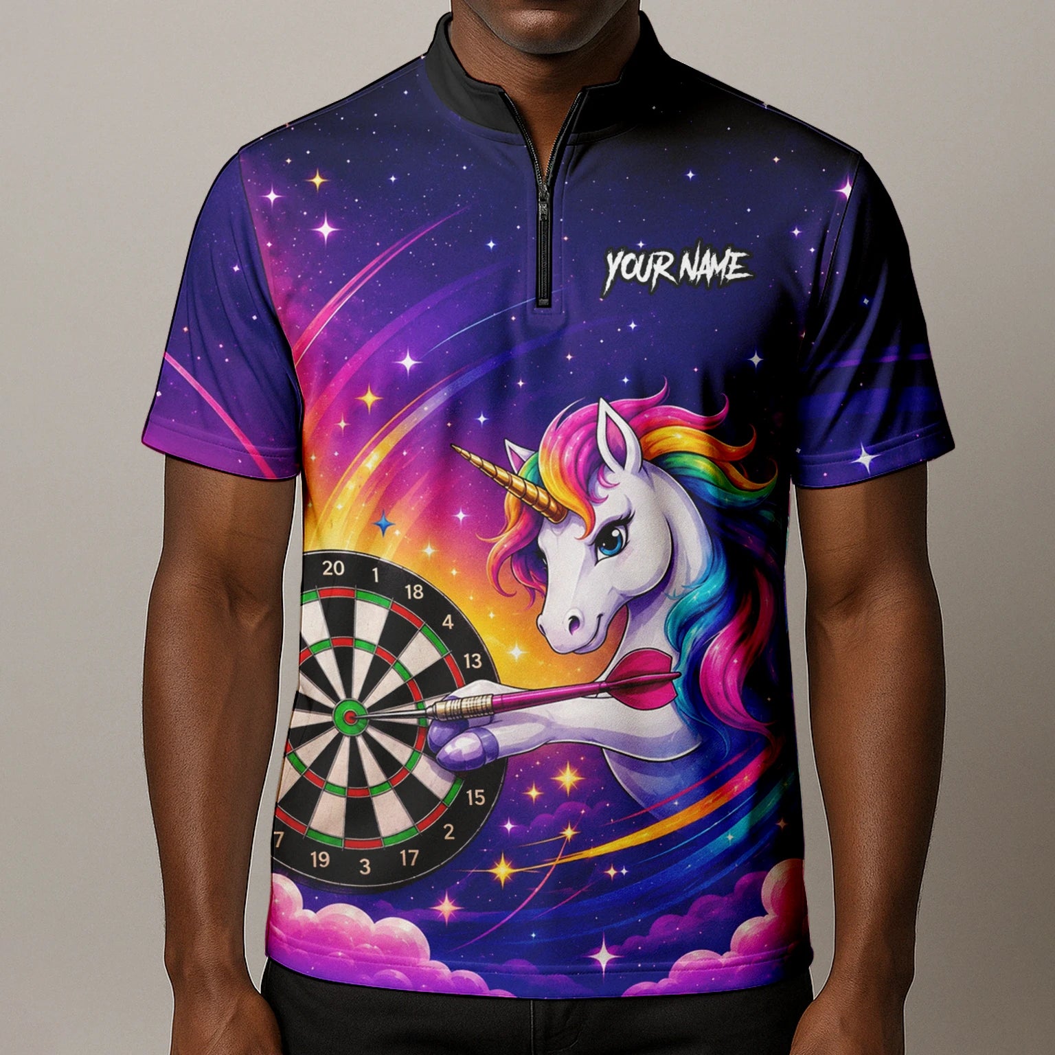 Personalisiertes Violettes Regenbogen-Einhorn-Dartshirt für Herren P431