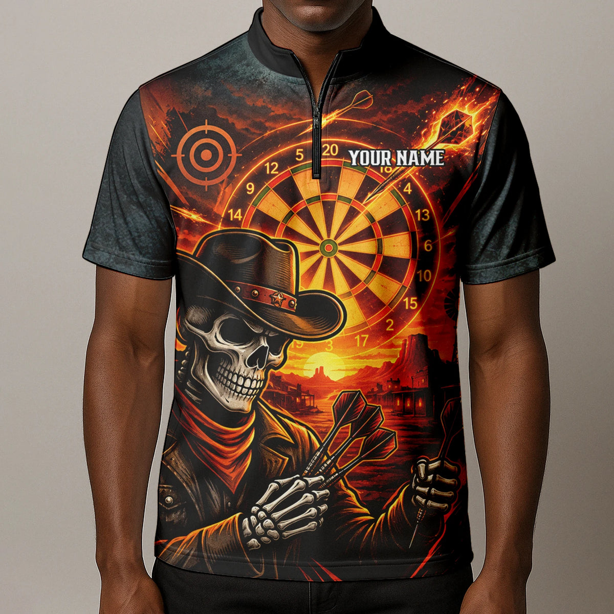Personalisiertes Dartshirt in Schwarz und Orange mit Western-Cowboy-Totenkopf und Dartscheibe für Herren L8691