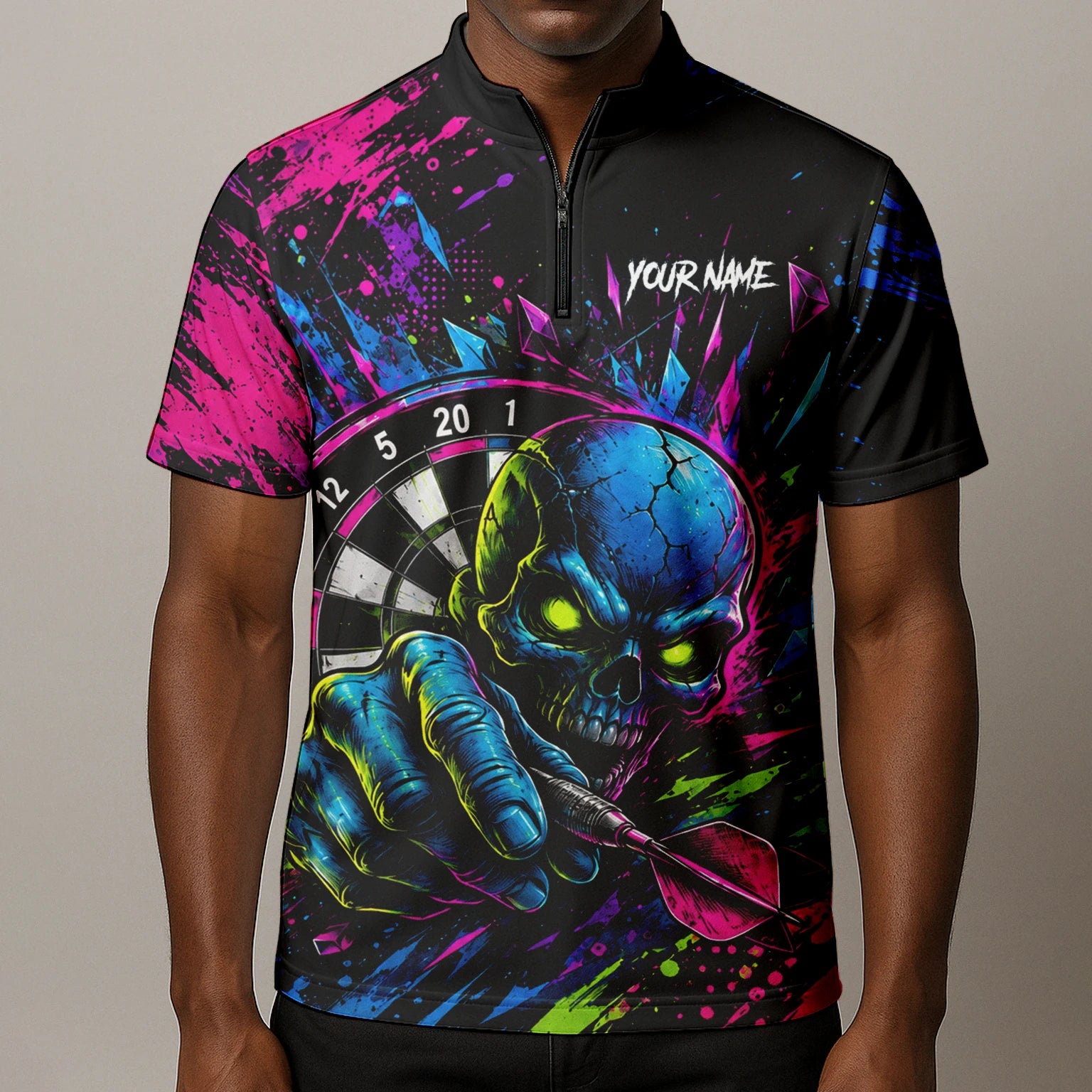 Personalisiertes Neonfarbenes Totenkopf-Dartboard Dartshirt für Herren S232