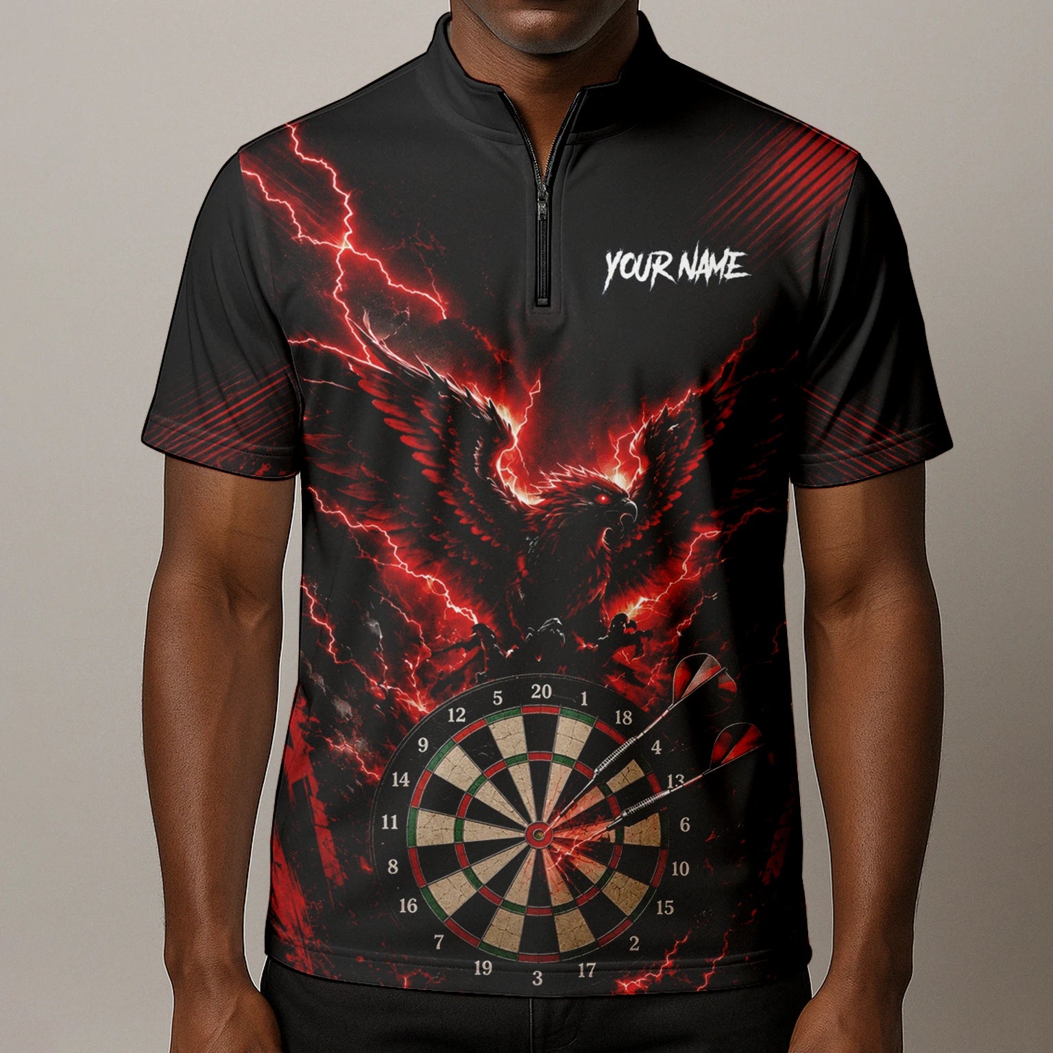 Personalisiertes Schwarz-rotes Phönix-Blitz-Dartboard Dartshirt für Herren J120