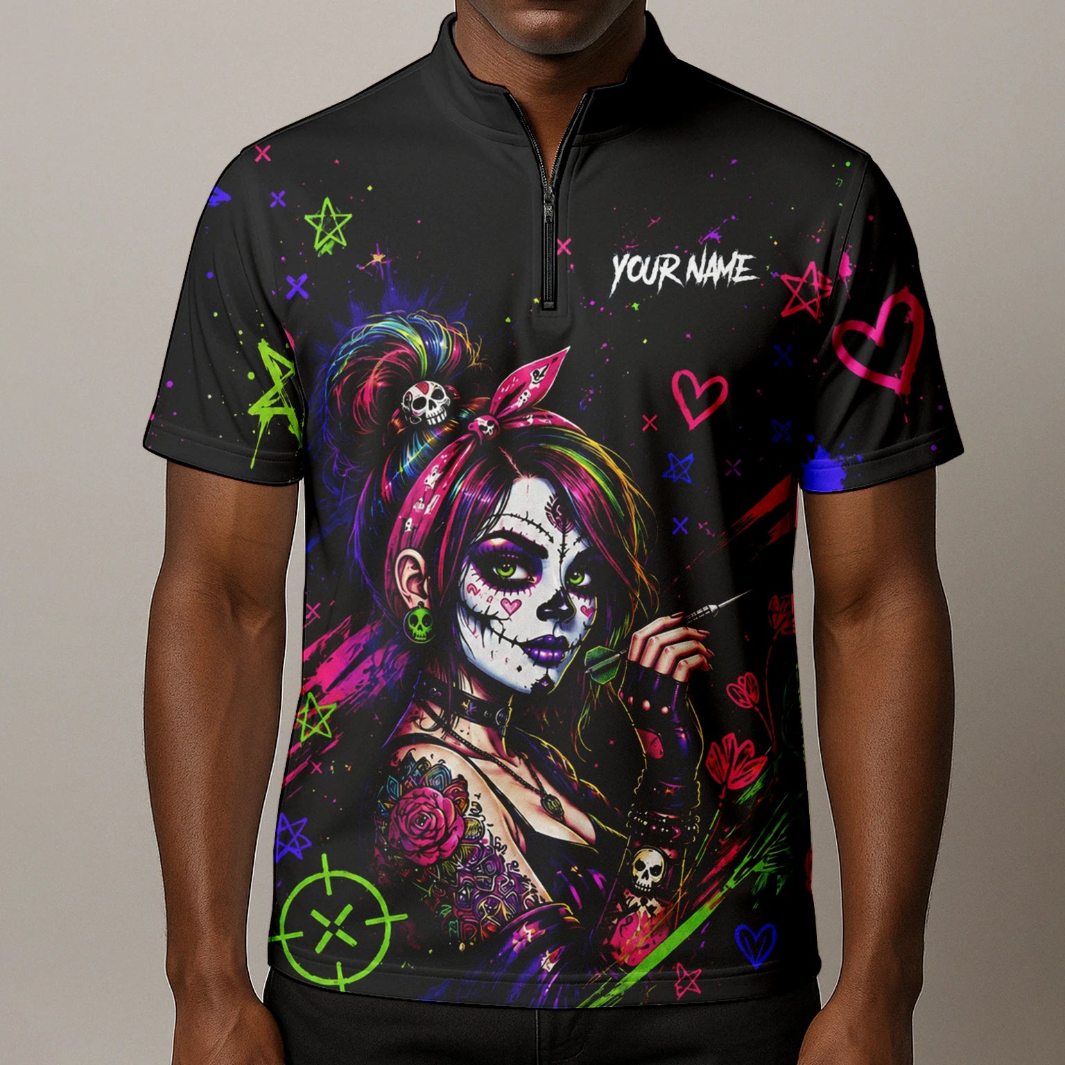 Personalisiertes Schwarz-neonfarbenes Sugar-Skull-Frauen-Dartshirt für Herren K745