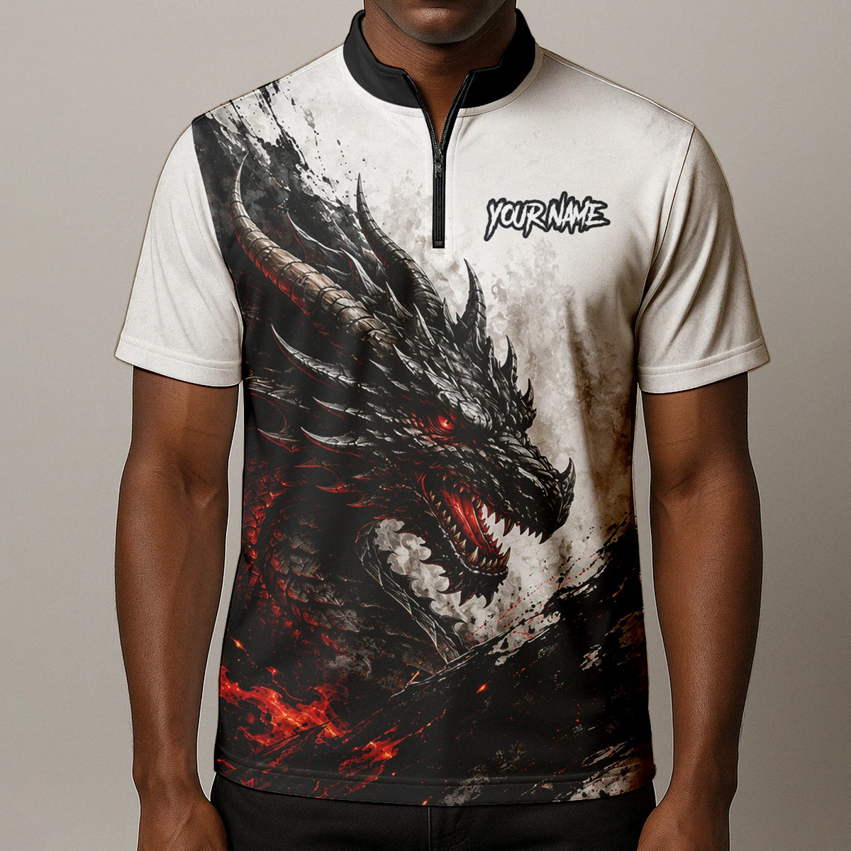 Personalisiertes Dartshirt mit weiß-schwarz-rotem Drachen für Herren Z061