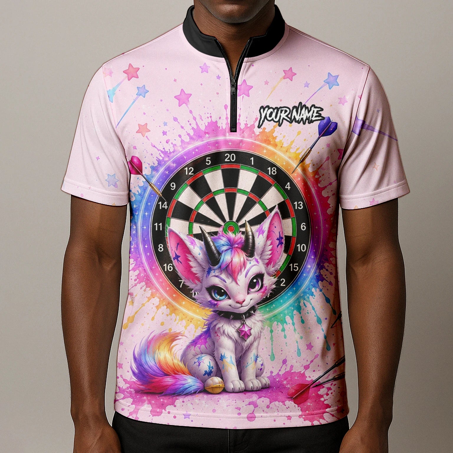 Personalisiertes Rosa Regenbogen Einhorn-Katzen-Dartshirt für Herren X398