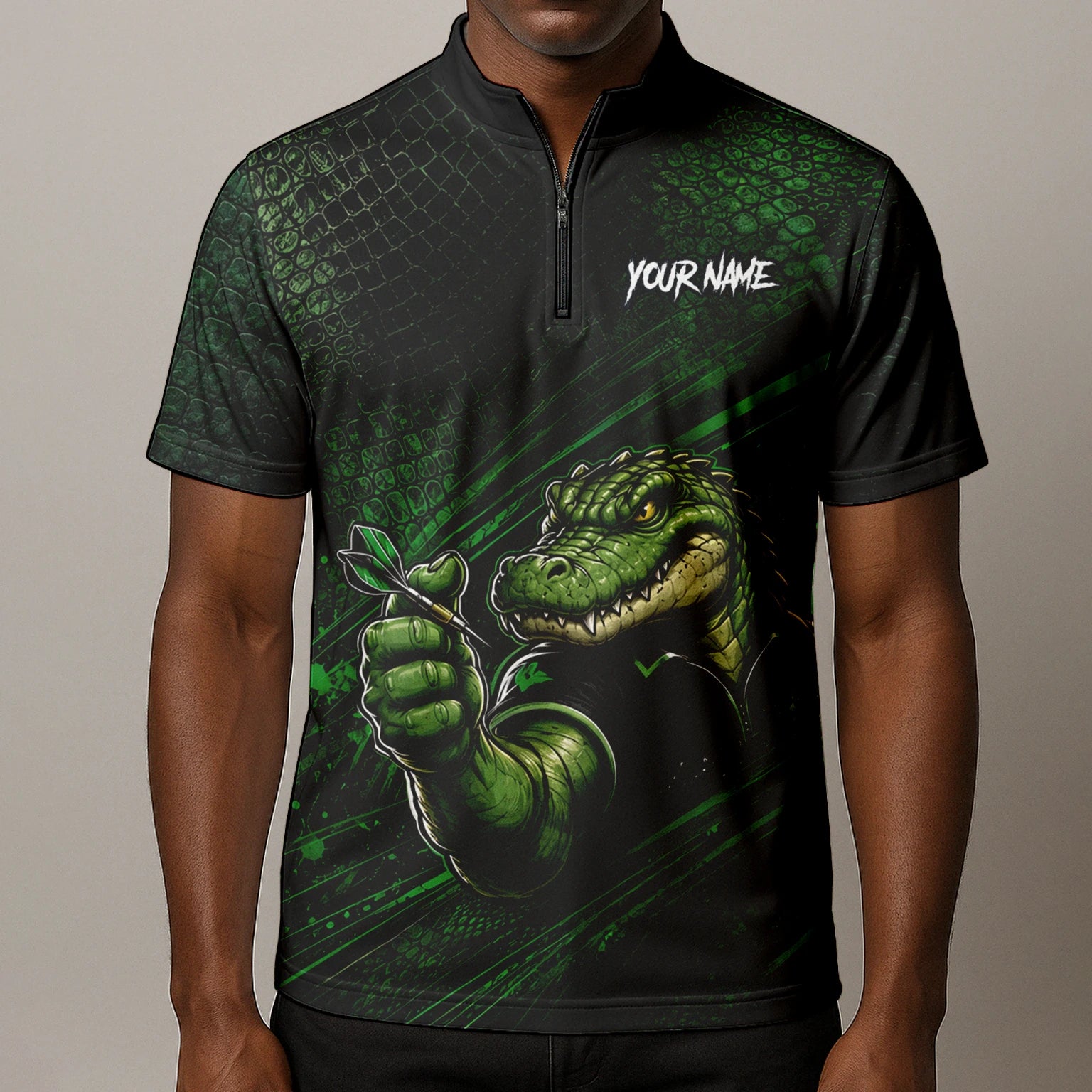 Personalisiertes Grün-schwarzes Alligator-Dartspieler-Dartshirt für Herren I987
