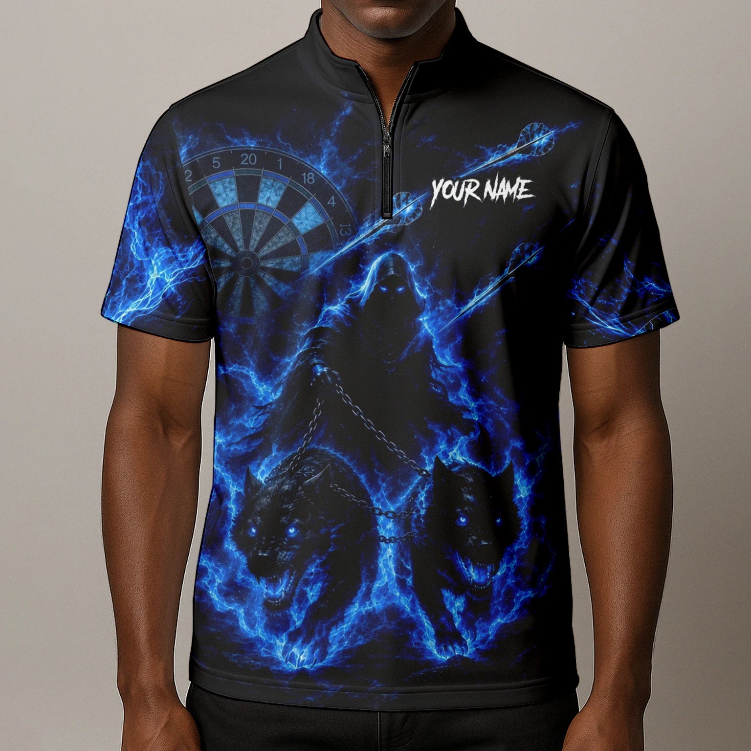 Personalisiertes Schwarz-blaues Sensenmann-und-Wölfe-Dartshirt für Herren X871