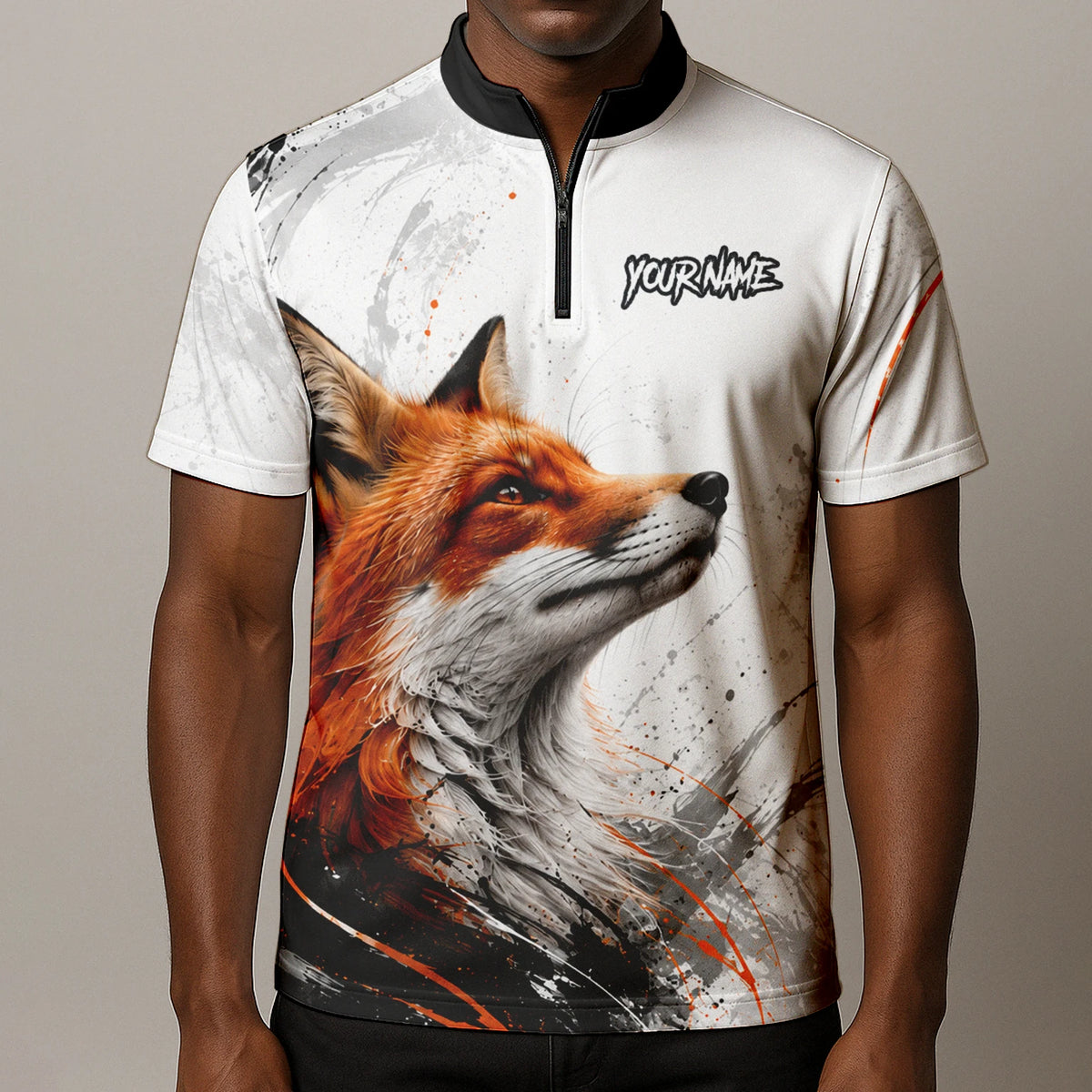 Personalisiertes Dartshirt mit weiß-schwarz-orangenem Fuchs für Herren D228