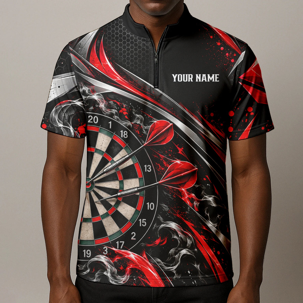 Personalisiertes Dartshirt in Schwarz, Rot und Silber mit geschwungenen Linien und Dartscheibe für Herren L9172