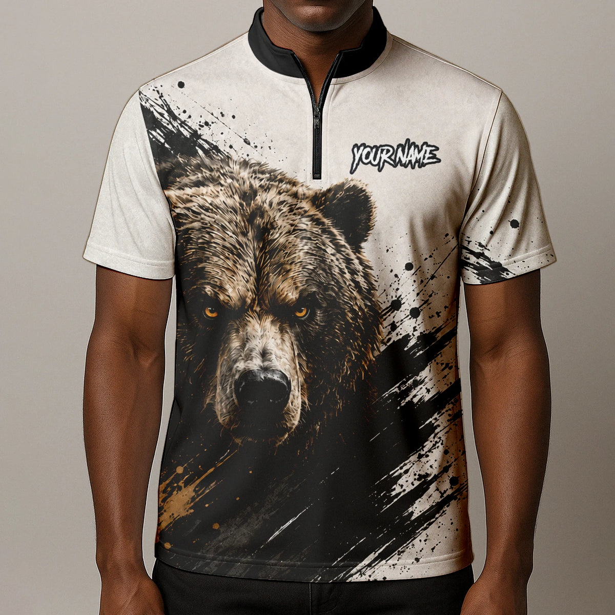 Personalisiertes Dartshirt mit weiß-schwarz-braunem Bären für Herren F926