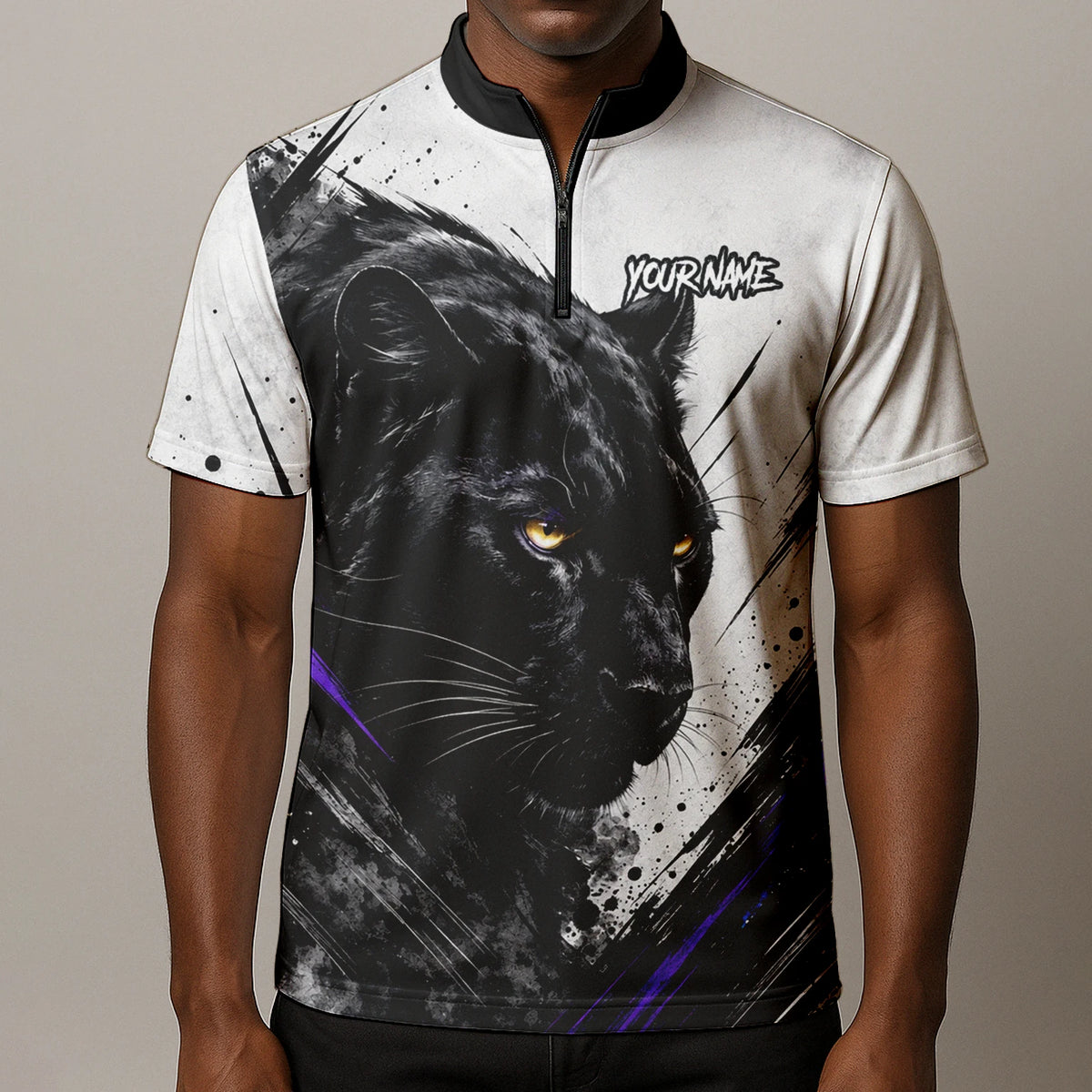 Personalisiertes Dartshirt mit weiß-schwarz-violettem Panther für Herren W442