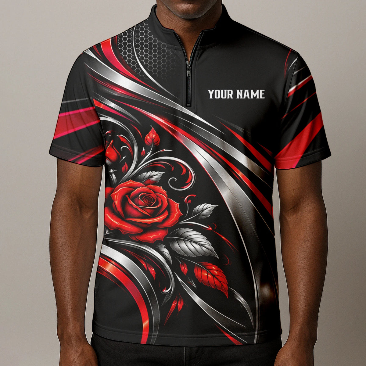 Personalisiertes Dartshirt in Schwarz, Rot und Silber mit Rosen, Flügeln und Dartscheibe für Herren Y2535