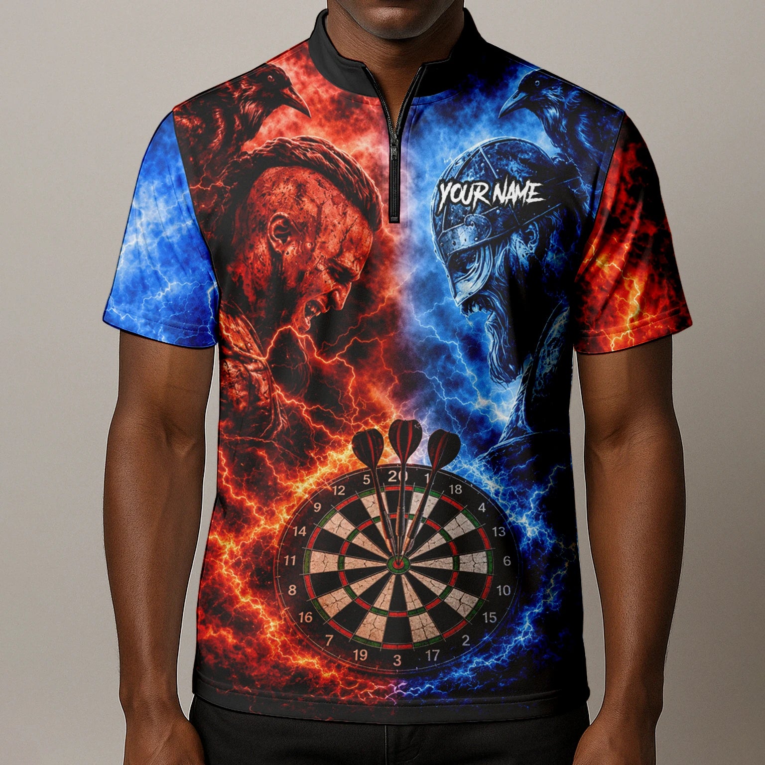 Personalisiertes Rot-blaues Wikinger-Dartshirt für Herren I920