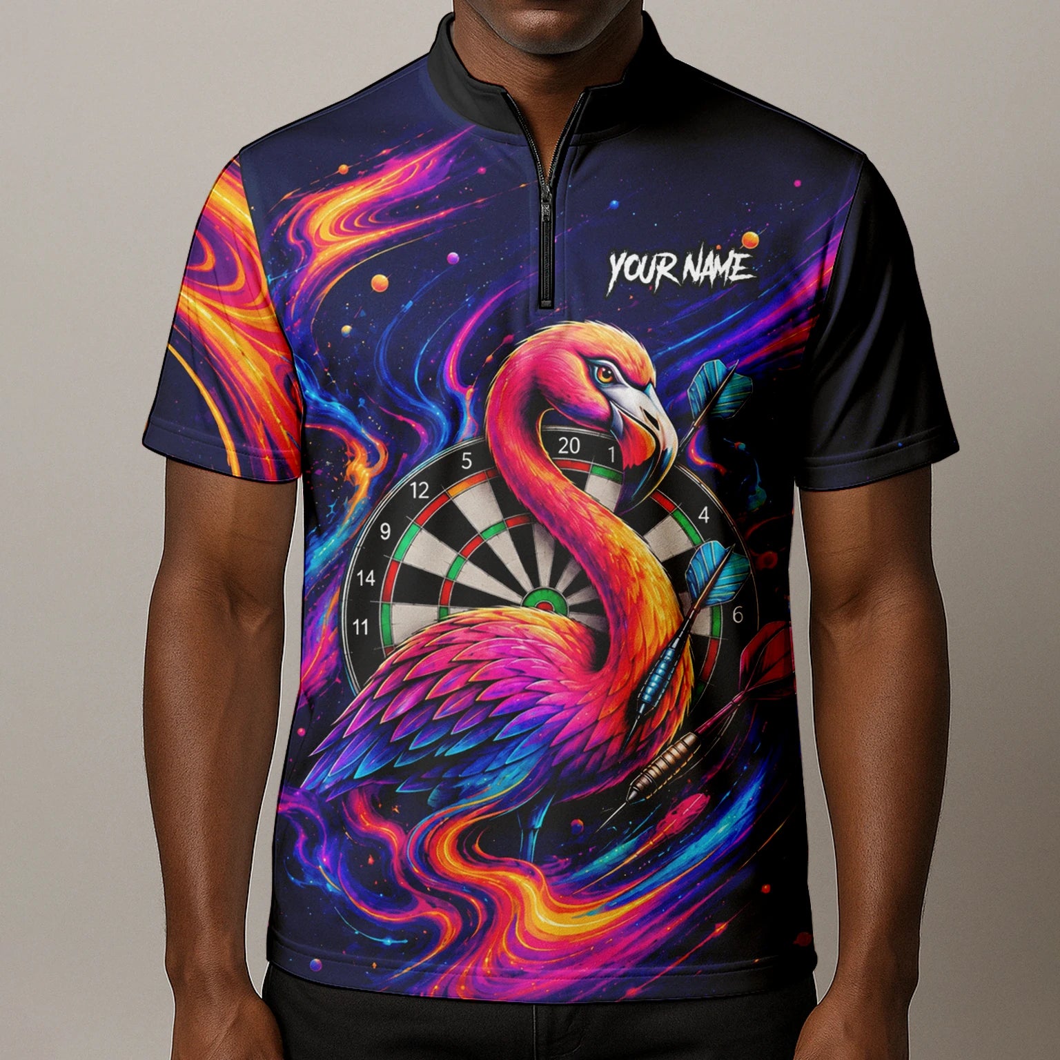 Personalisiertes Neon-Flamingo-Galaxie Dart Poloshirt für Herren D064
