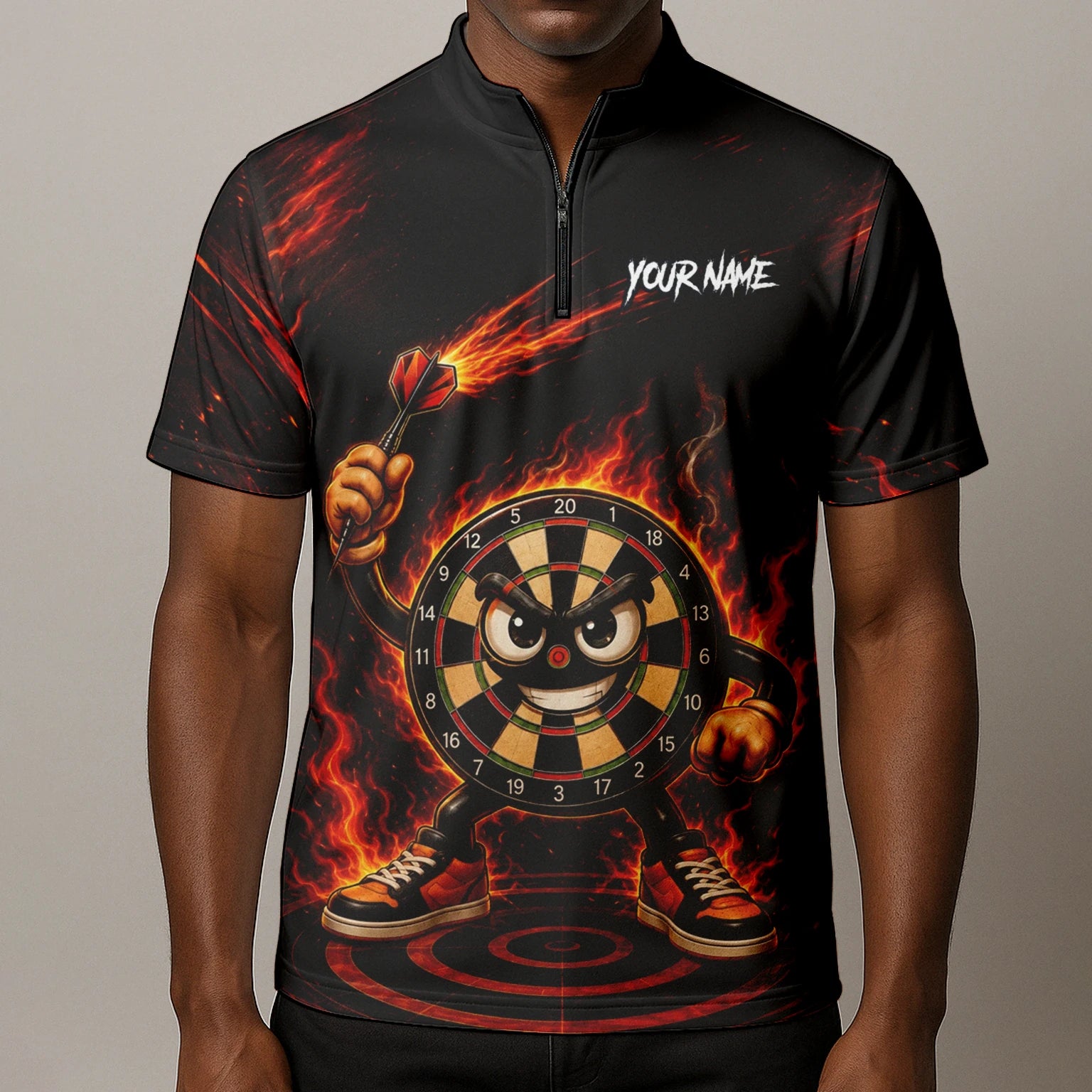 Personalisiertes Schwarz-rotes Flammen-Dartboard-Dartshirt für Herren W224