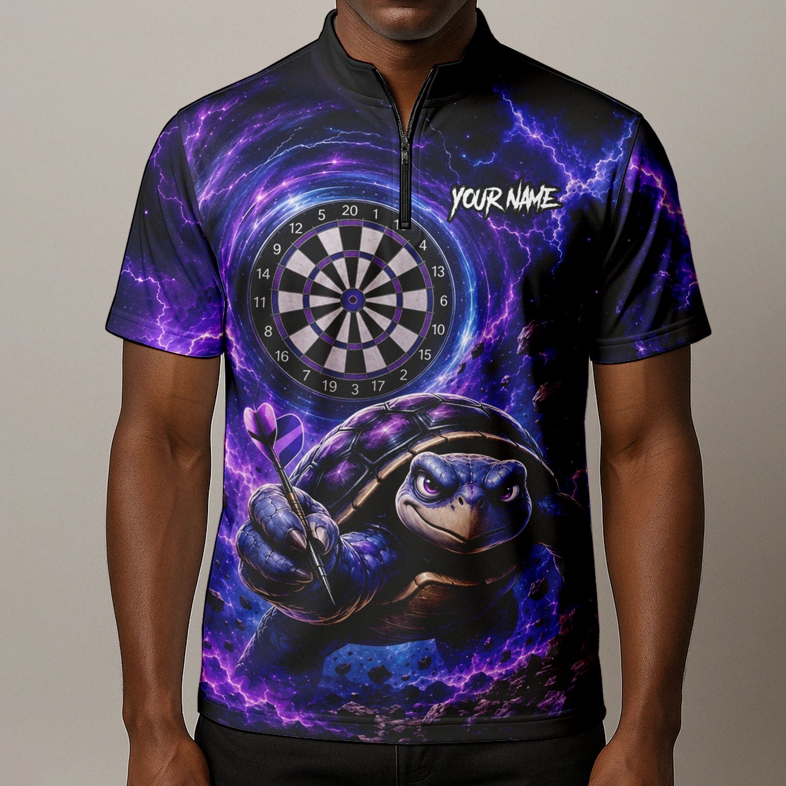 Personalisiertes Lila-schwarzes Schildkröten-Dartshirt für Herren F796