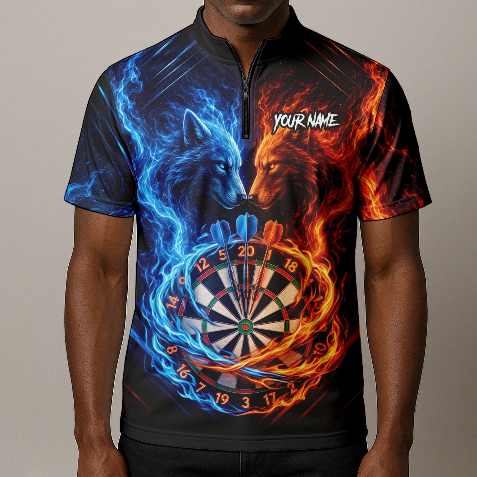 Personalisiertes Blau-oranges Wolf-Flammen-Dartboard Dartshirt für Herren A749