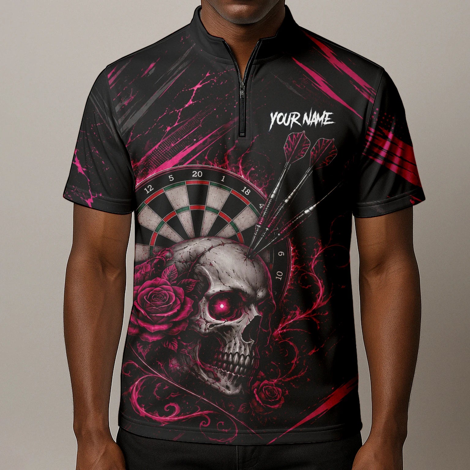 Personalisiertes Schwarz-pink Totenkopf-und-Rosen-Dartshirt für Herren V308