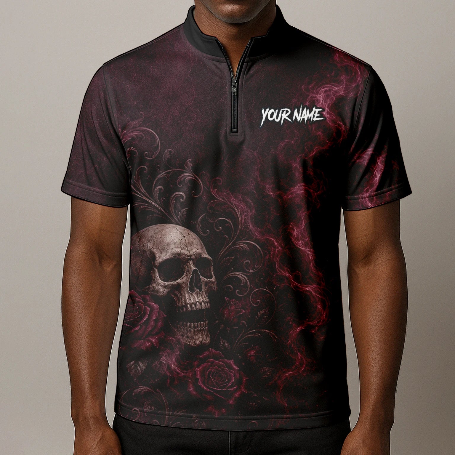 Personalisiertes Dunkelrot-schwarzes Totenkopf-Rosen-Dartshirt für Herren U786