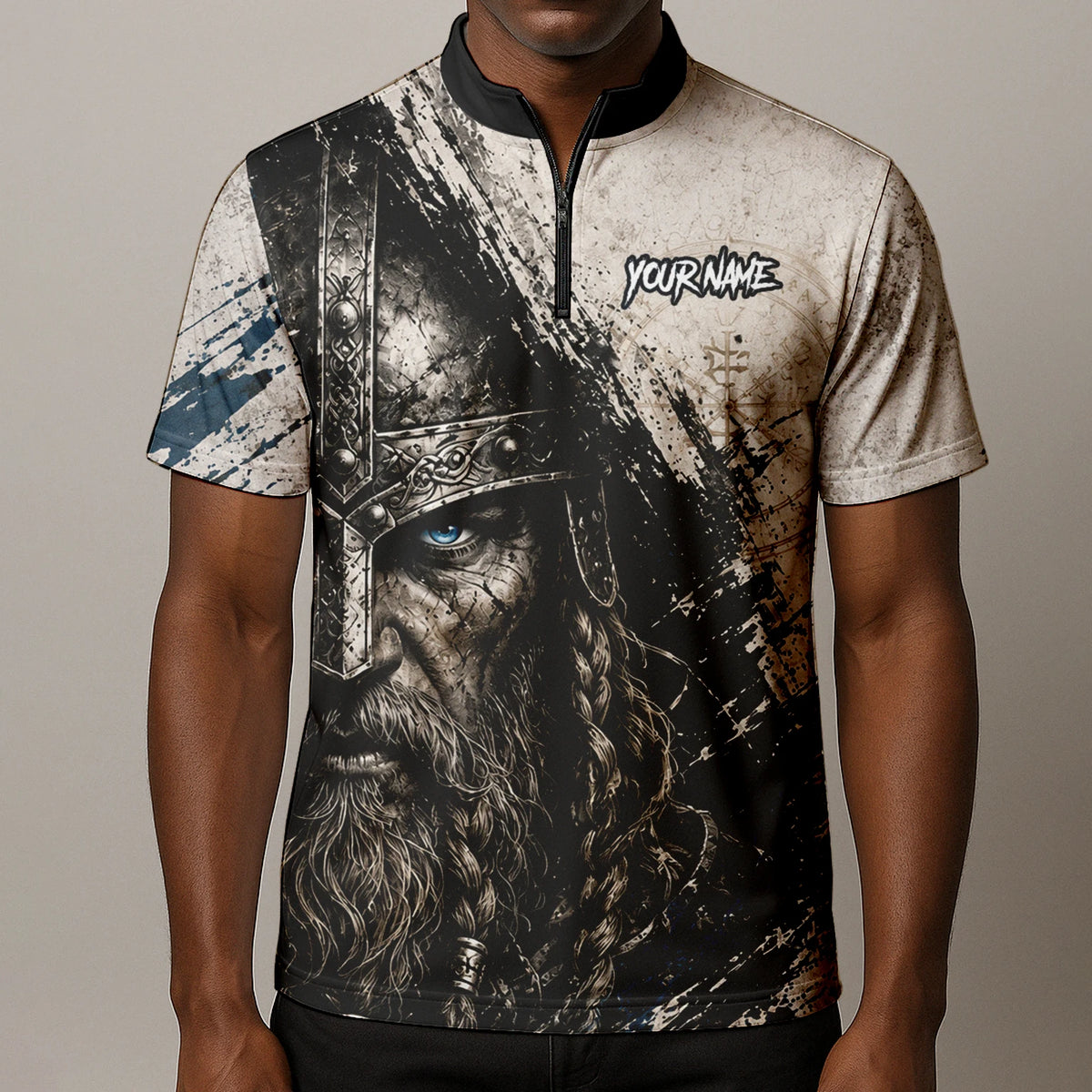 Personalisiertes Dartshirt mit weiß-schwarz-blauem Wikinger für Herren U843
