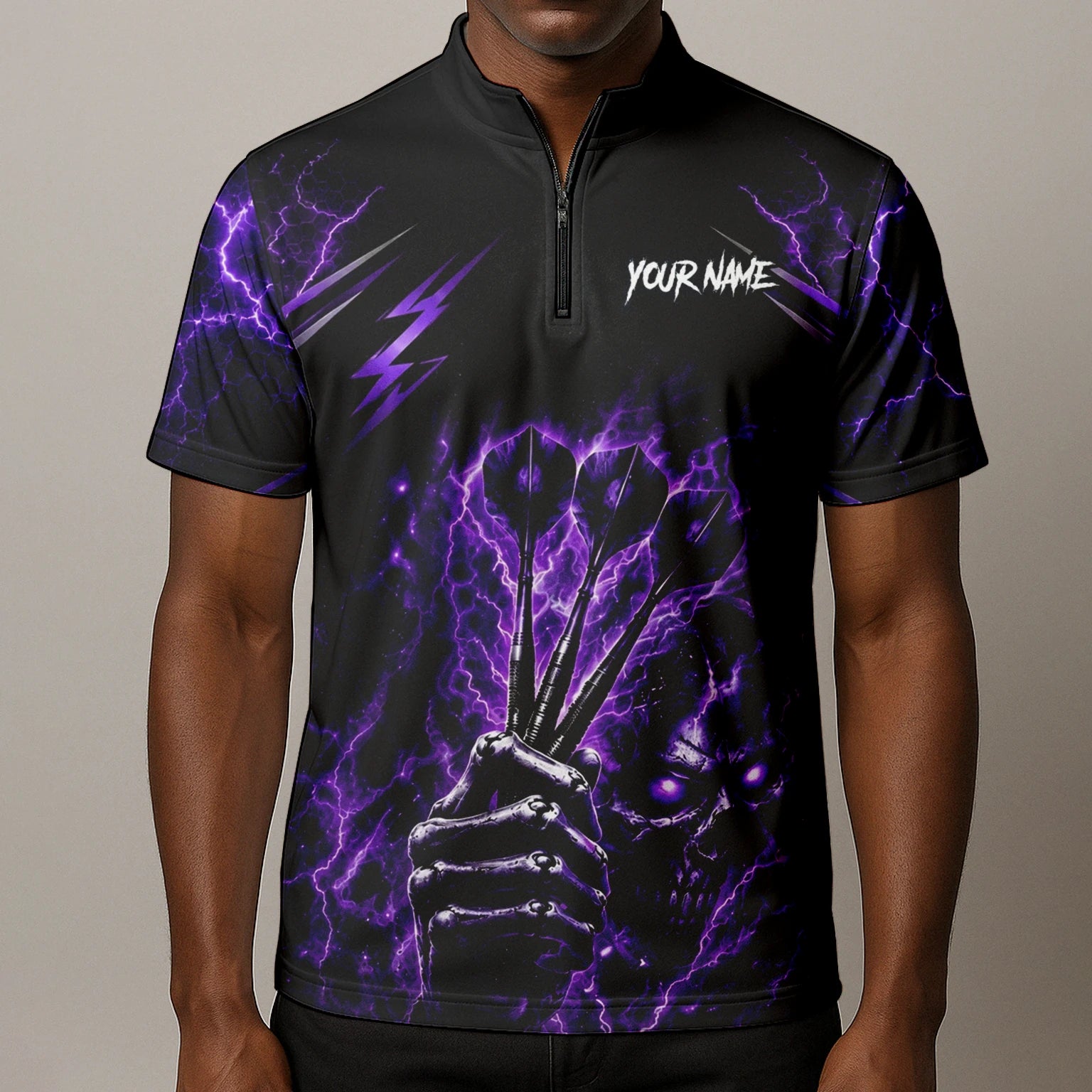 Personalisiertes Schwarz-lila Skeletthand-Dartshirt für Herren H822