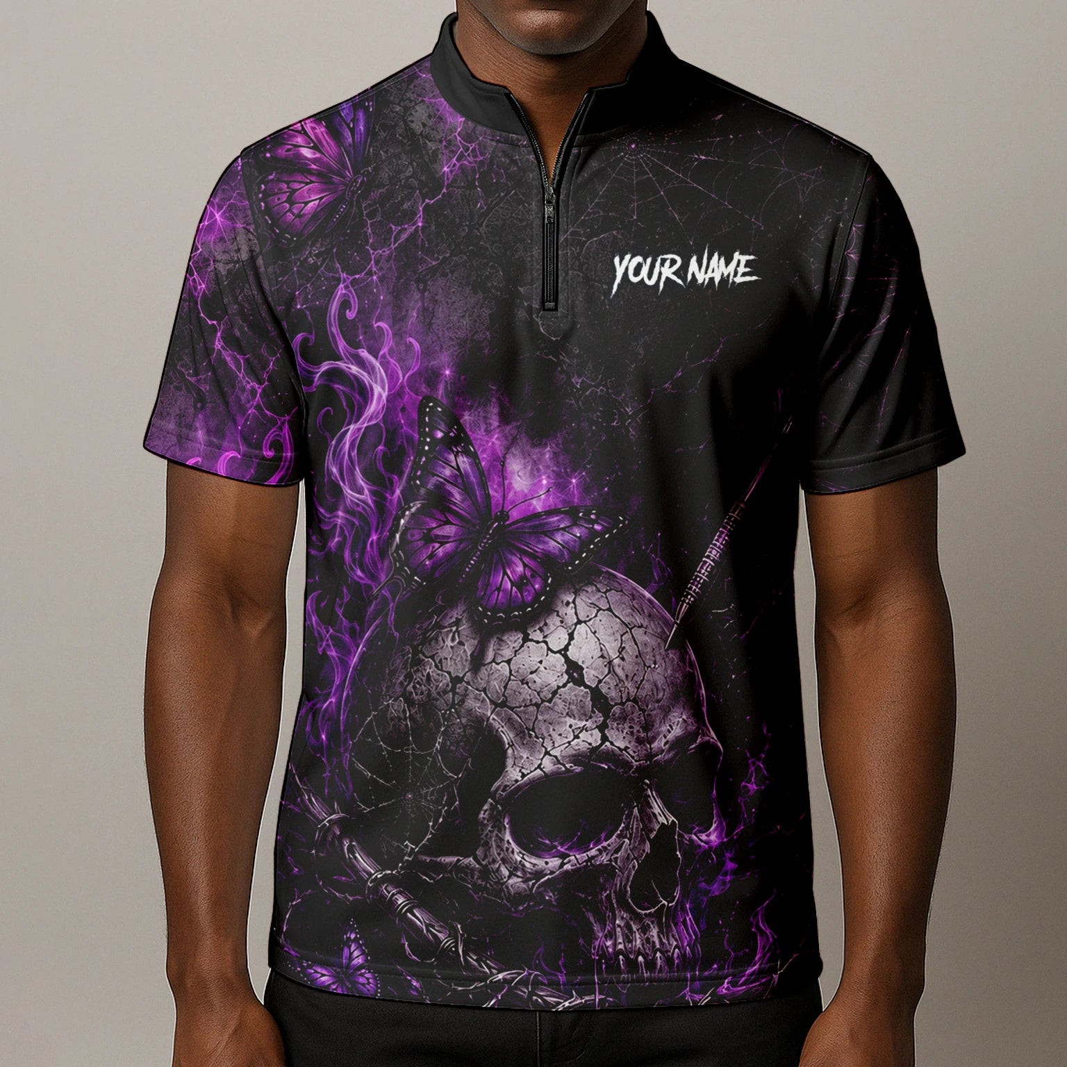 Personalisiertes Schwarz-lila Totenkopf-Schmetterling-Dartshirt für Herren Q241