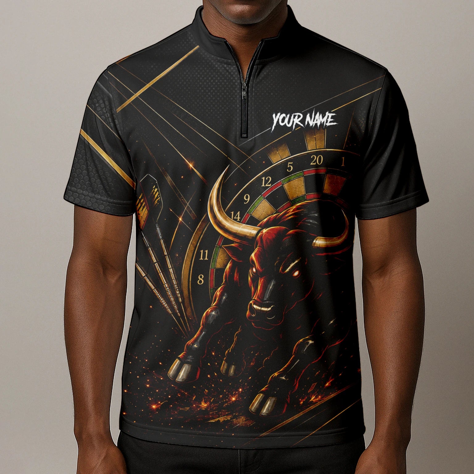 Personalisiertes Schwarz-goldenes Stier Dart Poloshirt für Herren K607