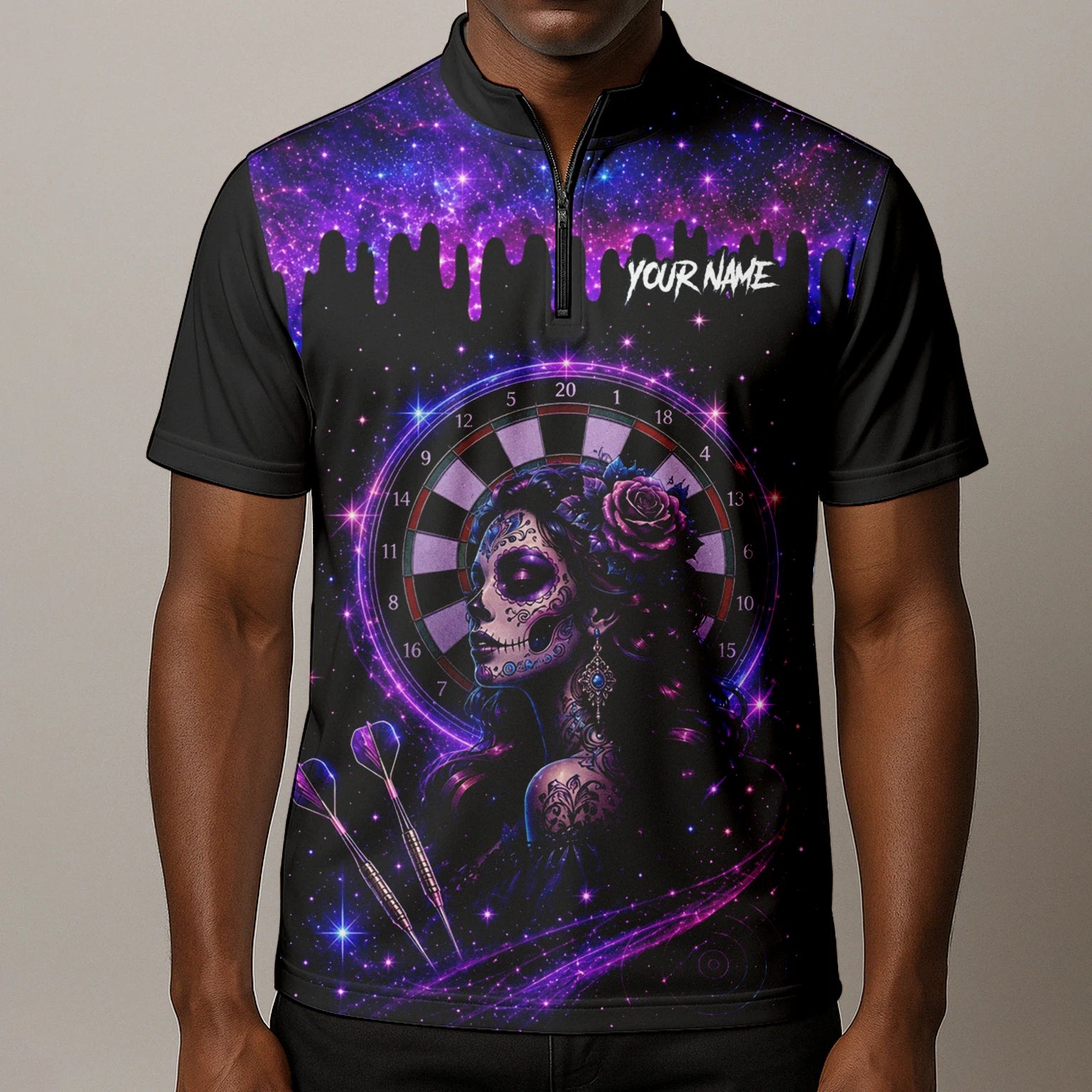 Personalisiertes Lila Galaxie Sugar-Skull-Dartshirt für Herren Z967